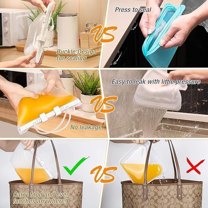 Reusable Silicone Leakproof Food Storage SnapBags Airtight Odorless Bag Stand-Up Bags Flat Bottom Reusable Ziplock Freezer Bag, Dishwasher Safe Bags Reusable Sous Vide Bags - Image 4
