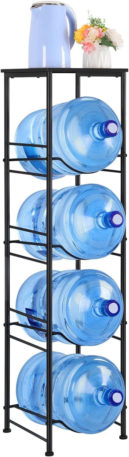 ETELI 5 Gallon Water Jug Holder 4 Tier Gallon Water Bottle Holder with Storage Shelves Water Cooler Jug Rack Stand for 5 Gallon Water Dispenser Organizer for Kitchen, Office, Living Room, Black by ETELI