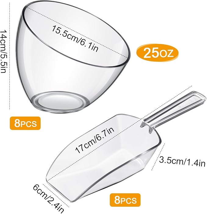 16 Pcs Serving Bowls Kit Include Clear Plastic Bowls for Parties and Popcorn Measuring Scoops Acrylic Plastic Kitchen Angled Candy Scoops for Office Canister Salad Cooking (25 oz) - Image 2
