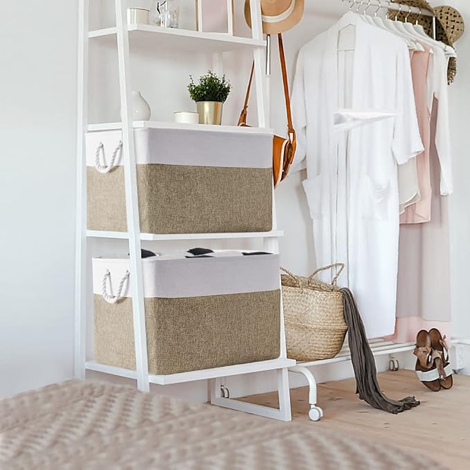 Organization Basket - 20x16x14 inch Jumbo 3 Pack Collapsible Storage Bins for Shelves, Fabric Storage Cubes for Closet Organizer Gift Toy (White & Khaki) - Image 5