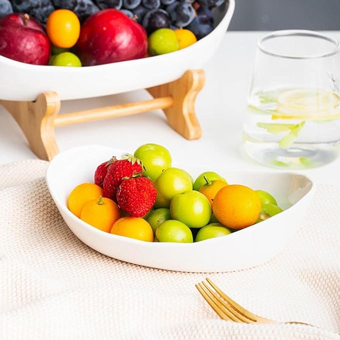 YYW 3 Tier Ceramic Fruit Basket with Bamboo Wood Stand for Kitchen Counter | Large Capacity Porcelain Fruit Bowl for Storing Fruits, Vegetables, Bread, and Snacks. Durable and Stylish Kitchen Storage - Image 6