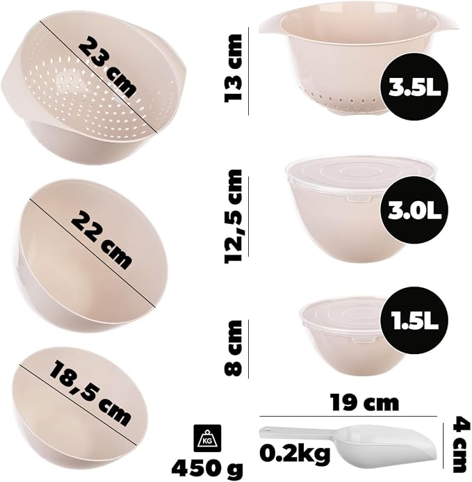 KADAX Plastic Bowl Set - Mixing Bowls with Lids 1.5L & 3L, Scoop & 3.5L Kitchen Strainer - Stackable Kitchen Accessories for Baking, Cooking, Washing & Storing - Image 3