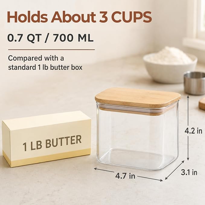 ComSaf Small Glass Containers With Lids 0.7 Qt, Set of 6 Glass Storage Jars | Rectangle Glass Pantry Storage Container, Kitchen Canisters 25oz, Snack Station Organization, Size For Subpackage, BPA Free - Image 2