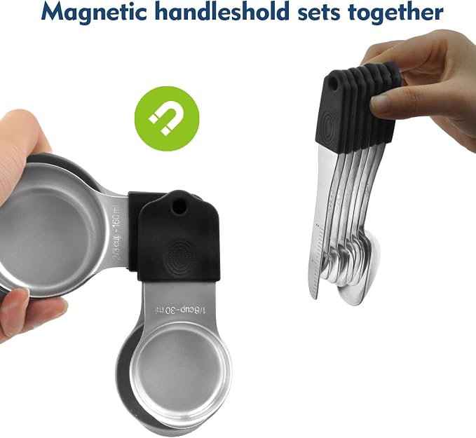 Magnetic Measuring Cups Set, 7 Pieces 18/8 Stainless Steel Stackable Nesting Heavy Duty Metal Measure Cups, Color Silicone Handle Kitchen Tools for Dry and Liquid Ingredients (14, Black) - Image 3