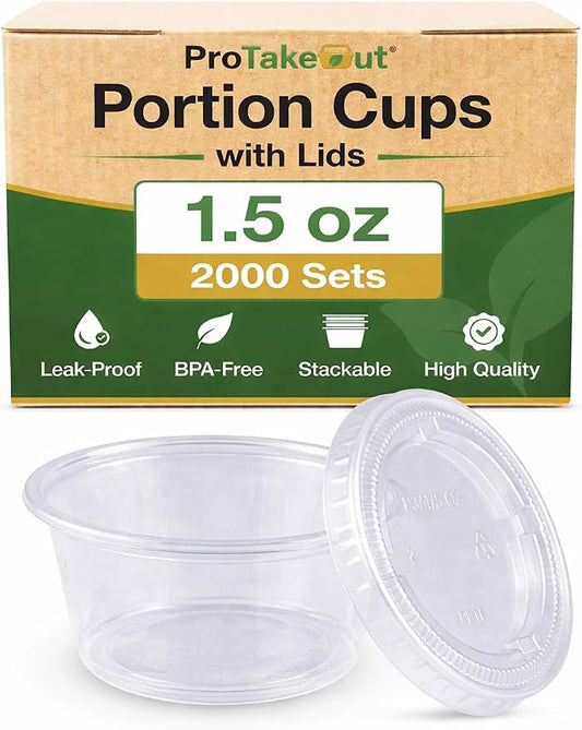 0.75-5.5 oz Plastic Portion Cups with Lids, 100-2000 Count, Dessert Cups with Lids, Jello Shot Cups with Lids, Small Plastic Cups for Salad Dressing & Condiments (2000, 1.5, ounces) by ProTakeOut