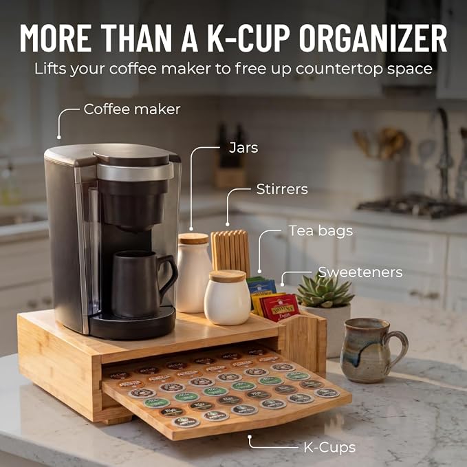 Bamboo Keurig Pod Organizer, Large 36 K-Cup Capacity Aesthetic Under Machine K-Cup Storage Drawer, Space-Saving Keurig Stand With Storage, 3 Slots For Tea & Spoons, Fits Keurig Brewers - Image 6
