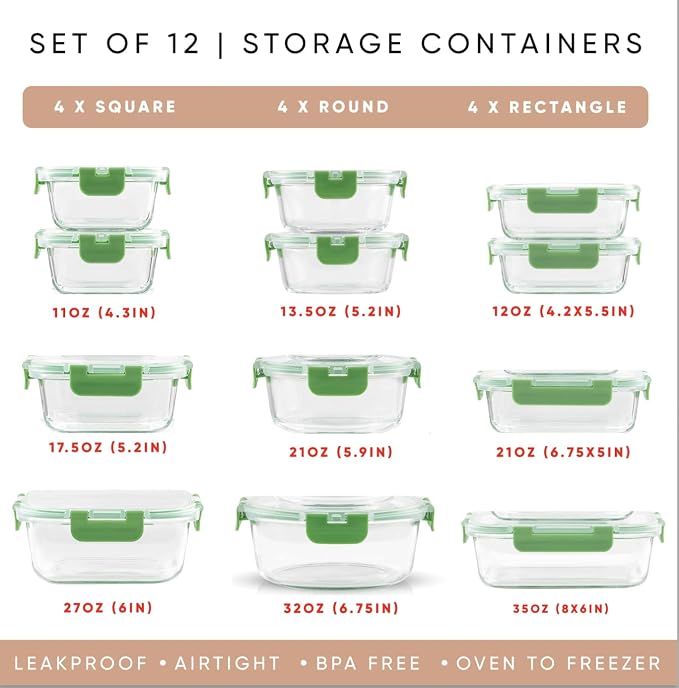 JoyJolt 24pc Borosilicate Glass Storage Containers with Lids | 12 Airtight/Freezer Safe Food Storage Containers for Pantry and Kitchen | Meal Prep Container for Lunch | Glass Tupperware Set - Image 2
