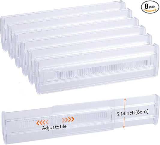 8 Pack Drawer Dividers, 3.2" High Expandable from 11.2-20" Adjustable Drawer Organisers,Clear Plastic Drawers Separators for Clothing, Kitchen Utensils and Office Storage by Damogo