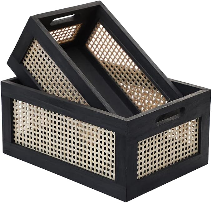 Wood Baskets, Rattan Storage Baskets for Organizing, Black, Set of 2 by HODAKJUE