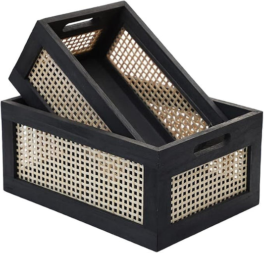 Wood Baskets, Rattan Storage Baskets for Organizing, Black, Set of 2 by HODAKJUE