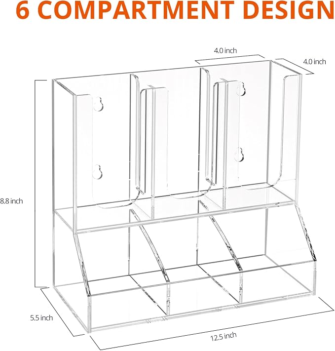 Richboom Cup and Lid Organizer, 6 Compartments with 2 Removable Dividers Coffee Station Countertop Cup Dispenser Condiment Organizer Accessories Caddy for Breakroom, Office, Home - Clear - Image 2