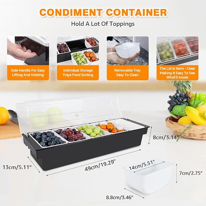 Chilled Condiment Caddy Server With Lid 5 Compartment Garnish Tray | Plastic Condiment Container Garnish Tray For Bartenders,Bar Condiment Fruit Caddy With Lid And Removable Trays - Image 2
