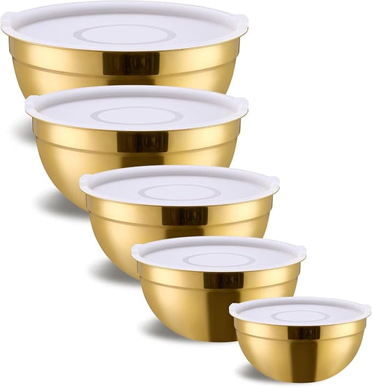 Gold Mixing Bowls With Airtight Lids,Stainless Steel Bowl,Salad Bowls 5 Piece Colorful Nesting Bowl Gold Kitchen Accessories,Size 5.5,3.6,2.7,2.1,1.5QT Stackable Design by Onlycooker