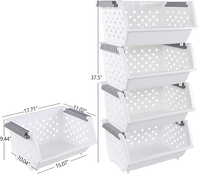 Set of 4 Plastic Stackable Storage Baskets | Stackable Organizer Bins for Kitchen, Pantry and Bathroom, White - Image 2