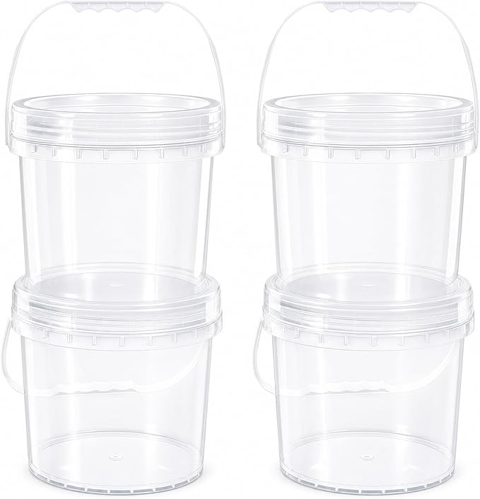 4 Pack 1 Gallon Food Grade Plastic Buckets with Screw Lids & Handle, Reusable Storage Containers for Snacks, Salad, Sauce - Clear Freezer Safe Bucket Set by UMETASS
