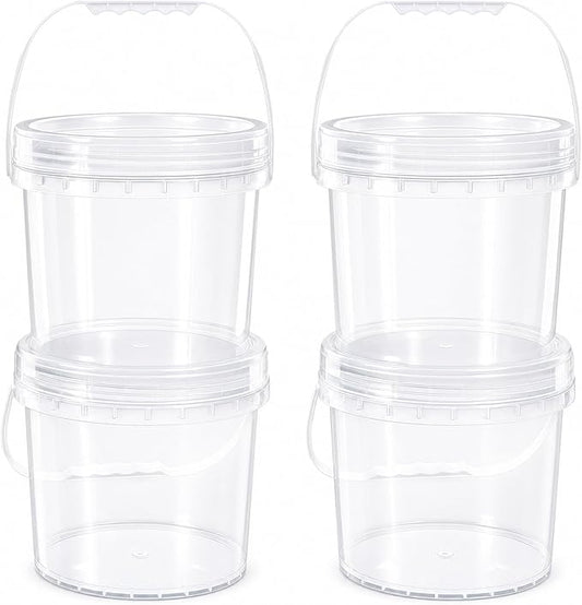 4 Pack 1 Gallon Food Grade Plastic Buckets with Screw Lids & Handle, Reusable Storage Containers for Snacks, Salad, Sauce - Clear Freezer Safe Bucket Set by UMETASS
