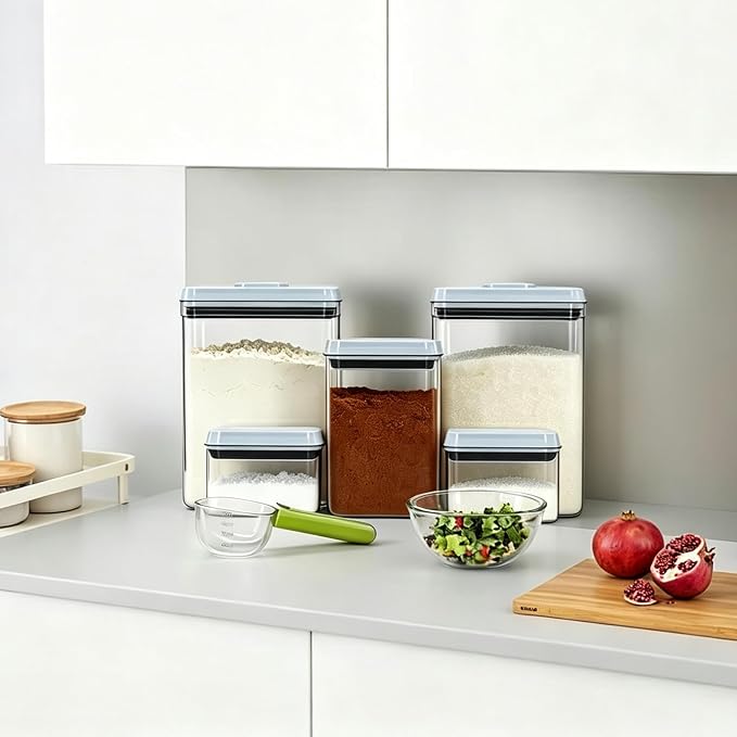 Pop Push Button Airtight Food Storage Containers Baking Set 5 Pcs | BPA-Free Stackable Canisters with Scoops – 3 Sizes for Flour, Sugar, Baking Soda, Cocoa Powder, Pantry & Baking Essentials - Image 7