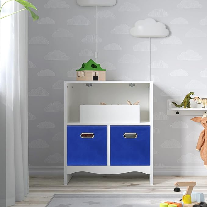Black Fabric Cubby Storage Bins,13x13x13 Inches ,Cube Organizer Bin Foldable Storage Boxes with Dual Handles Fabric Organizer Box and collapsible Storage basket,Set of 3 ,Dark Blue - Image 5