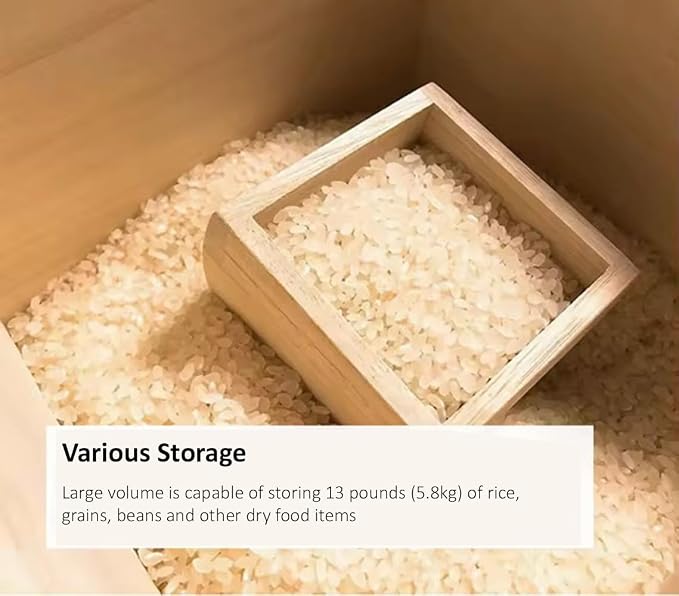 Wooden Rice Storage Container with Lid and Measuring Cup, 13lbs (5.8kg) - Grains, Beans and Dry Food, Kiri, Paulownia Wood - Image 5