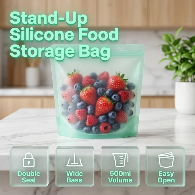 Reusable Silicone Food Storage Bags, Leakproof Freezer Bags for Food, Reusable Zip Bags for Meal Prep, Snacks, Fruit, Meat, Dishwasher Safe 2 Pack (Khaki, 3000M) - Image 2