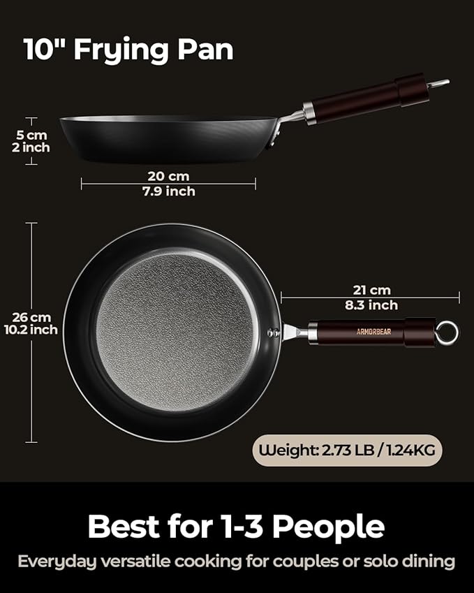 10 Inch Auto-Seasoning Nitrided Carbon Steel Pan, Professional Skillet for Induction Stovetop and Daily Searing, Pre-seasoned Frying Pan, Wooden Handle, PFAS & PFOA-Free - Image 2