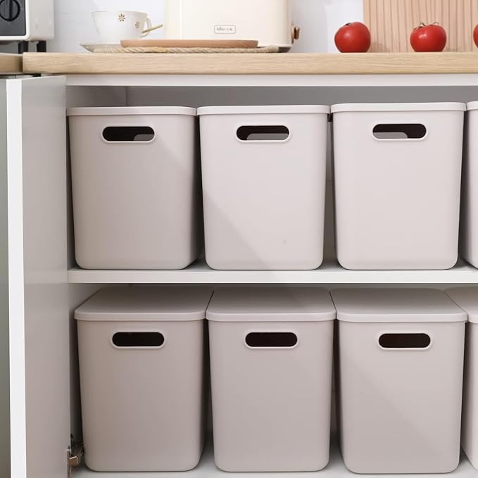 6 piece Plastic Storage Baskets Boxes with Lids,14.4x10.2x11.8 Inch Stackable Organizing Bins with Handles,Versatile Containers for Pantry,Bathroom,Closet Shelves Desktop (Light grey, 4XXL+2XL) - Image 5