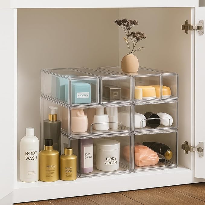 Sorbus 2 Medium & 4 Small Clear Stackable Storage Drawers – Plastic Organizer Bins with Handles – Stackable Pull-Out Storage Drawers for Closet, Pantry, Office, Bathroom, Craft, and Toy Organization - Image 6