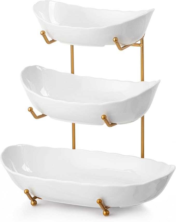 HBlife Large Fruit Bowl for Kitchen Counter - 3 Tier Fruit Basket with Gold Metal Stand, Ceramic Fruit Holder, Tiered Serving Trays for Party by HBlife