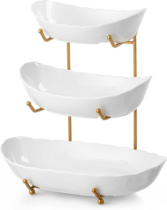 HBlife Large Fruit Bowl for Kitchen Counter - 3 Tier Fruit Basket with Gold Metal Stand, Ceramic Fruit Holder, Tiered Serving Trays for Party by HBlife