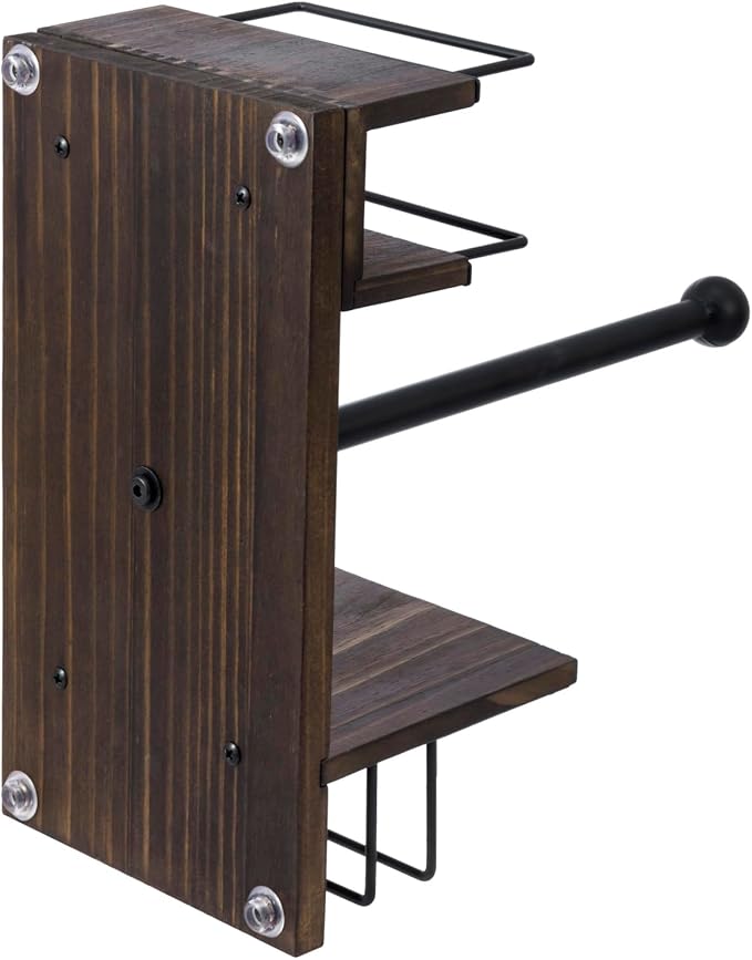 MyGift Rustic Burnt Solid Wood and Industrial Matte Black Metal Dining Combination Caddy with Paper Towel Roll Dispenser Stand, Napkin Holder, and Spice Rack - Image 6
