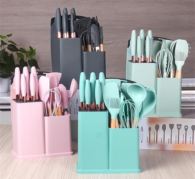 19 Pieces Kitchen Utensils and Knife Set with Block, Inldued 9 Pieces Silicone Cooking Utensils Set 5 Pieces Sharp Stainless Steel Chef Knives Scissors Whisk Tongs and Cutting Board (TEAL) - Image 7