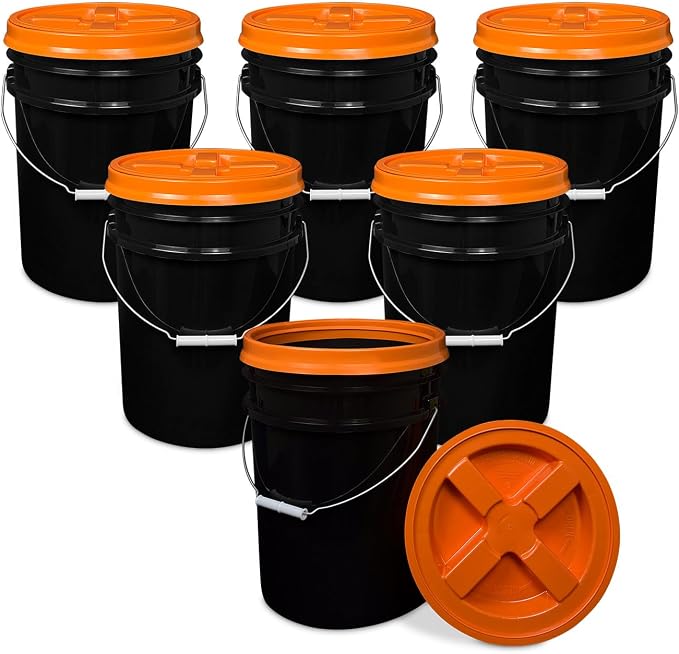 5 Gallon Bucket - Food Grade w/Lid BPA-Free, Black/Orange, 6 | Airtight Gamma Seal Screw-On Lid, Heavy-Duty 90 Mil HDPE Plastic, Food Safe and Durable Container, Bulk Storage, Made in USA by ePackageSupply