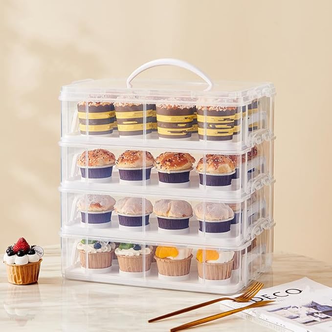 4-Tier Cupcake Carrier Stackable Storage Container,Store up to 48 Cupcakes | Plastic stackable trays with Lid and Handle. Lightweight for parties, baking, travel. Keeps cupcakes secure. BPA-free. - Image 2