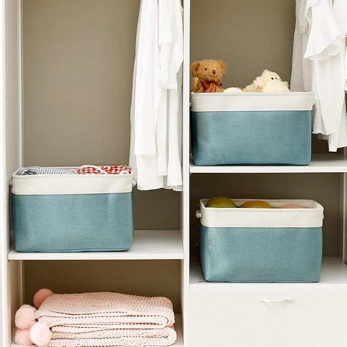 Organization and Storage basket for Organizing - 3 Pack 16x12x12 inch Cube Storage Bin for Shelves, Fabric Storage Cubes for Organizer Cloth Closet Toy Box (White & Green) - Image 2
