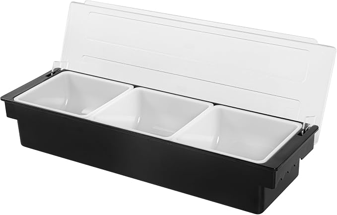 Restaurantware Bar Lux 19.6 x 6.3 x 3.7 Inch Condiment Caddy 1 Durable Bar Caddy - 3 Removable Compartments Built-In Lid Black Plastic Condiment Holder For Restaurant Store Cocktail Garnish - Image 2