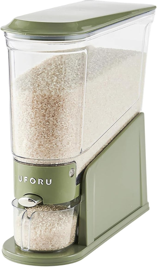 UFORU Slim Rice Dispenser 11 LB,Clear Rice Storage for Small Spaces | Green,BPA-Free Sealed Design for Rice, Grain and Cereal,Rice Container Fits Narrow Pantry Shelves and Countertops by UFORU