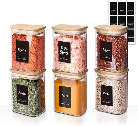 ComSaf Spice Jars 8oz Set of 6, Small Seasoning Containers with 9 Labels | Small Glass Jars With Labels, Empty Rectangle Canisters, Spice Rack Organization, Loose Tea, Herb, Powder, Dry Good, BPA Free by ComSaf