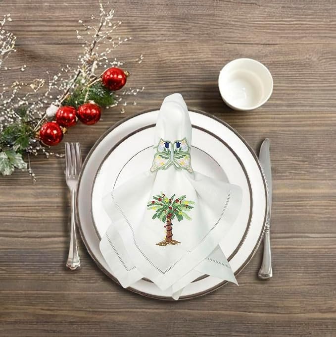 Embroidered Cloth Napkin Palm Tree Cotton Napkins Set of 6, 20x20 Hemstitch Table Napkins Machine Washable, Daily & Christmas, Great Present Ideas - Image 5