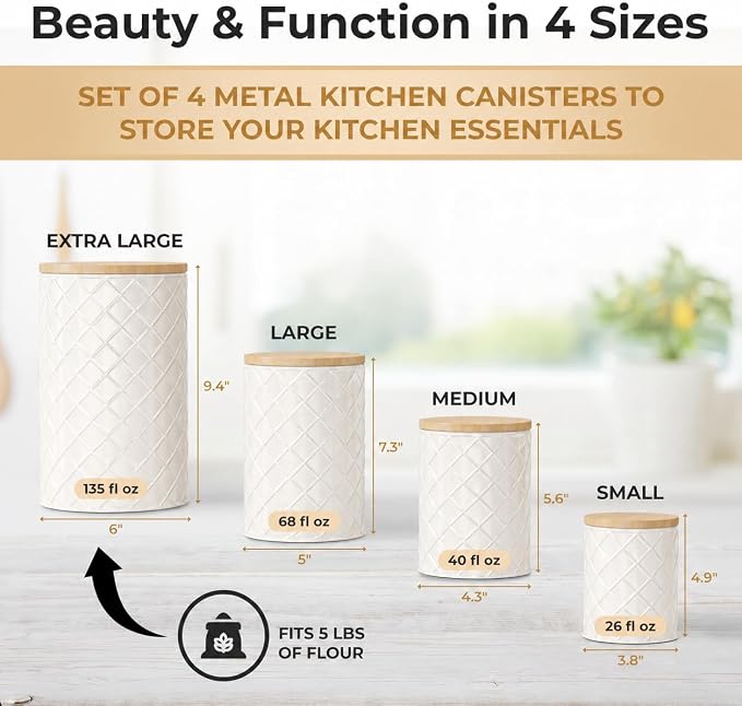 Pebble & Stem® Cream Metal Canister Set for the Kitchen Counter, Food Canister Set of 4, Airtight Lids, Sugar and Flour Containers for Countertops, Coffee and Tea Storage, Farmhouse Decor - Image 2