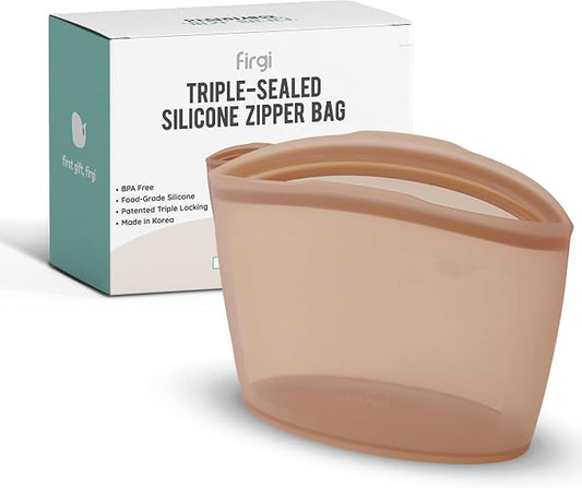 Reusable Silicone Food Storage Bag, 6 Cups, Large Container, Made in Korea BPA-Free Platinum Silicone, Triple-Airtight Freezer Bag, Microwave Safe, Sous Vide, Meal Prep, 51oz, Taupe Brown by FIRGI-FirstGift