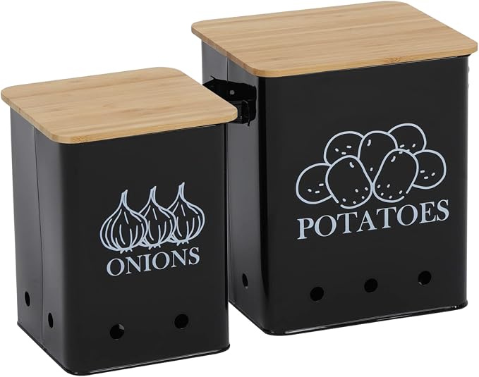 Kitchen Vegetable Storage Tins Set of 2, Onion and Potato Storage Bins with Wooden Lid and Aerating Holes, Garlic Bin Caddy, Vintage Kitchen Decor, Black by Gdfjiy