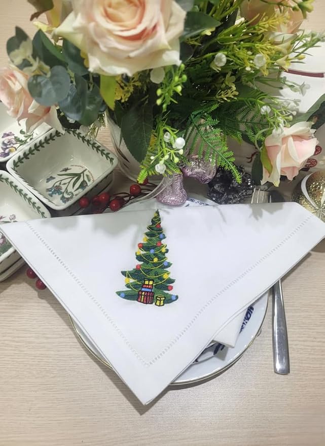– Embroidered Cloth Napkin Christmas Tree Cotton Napkins Set of 6, 20 x 20”, Hemstitch Table Napkins, Machine Washable, Daily & Holidays, Great Gift Ideas - Image 3