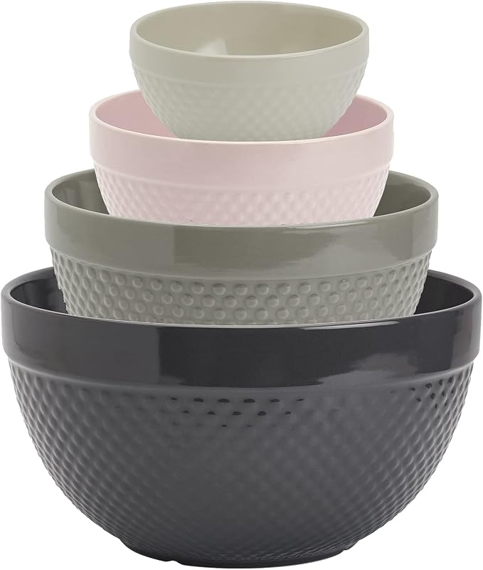 Tabletops Gallery Hobnail Style 4 Piece Timeless Grey Stoneware Nesting Mixing Bowl Set for Baking and Cooking by TabletopsGallery