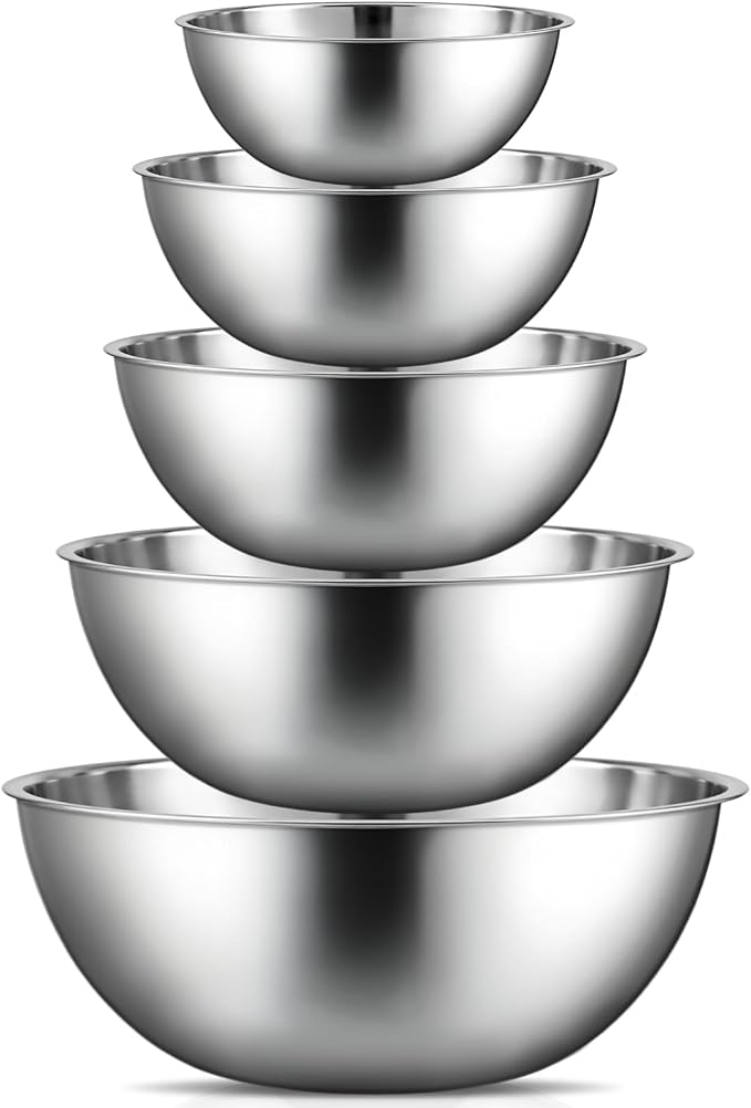 Stainless Steel Mixing Bowls Set - 5-piece Polished Mirror Nesting Bowls 1.25, 2.75, 4.25, 6.25, 8 Quart Thickened Material Ideal for Kitchen, Cooking, Baking and Storage, Deep by Domensi