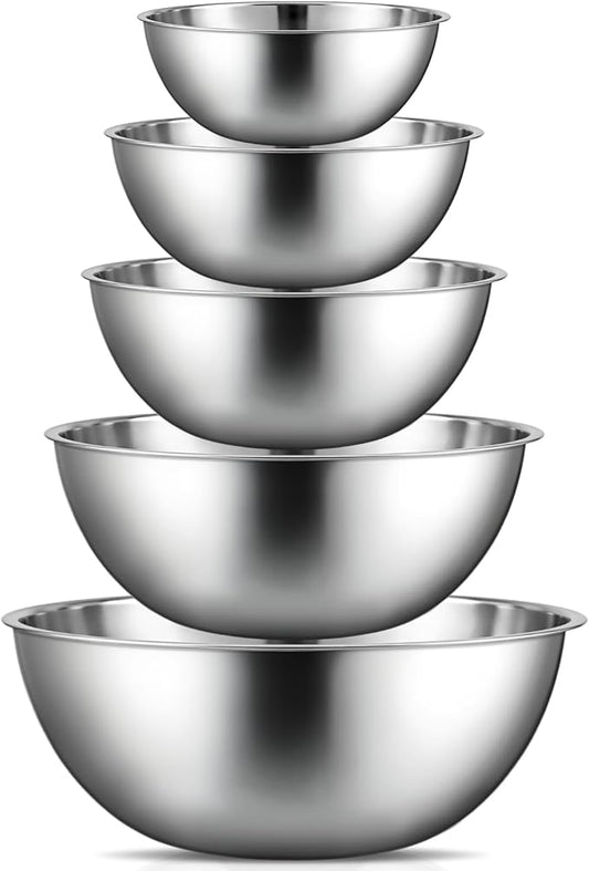 Stainless Steel Mixing Bowls Set - 5-piece Polished Mirror Nesting Bowls 1.25, 2.75, 4.25, 6.25, 8 Quart Thickened Material Ideal for Kitchen, Cooking, Baking and Storage, Deep by Domensi