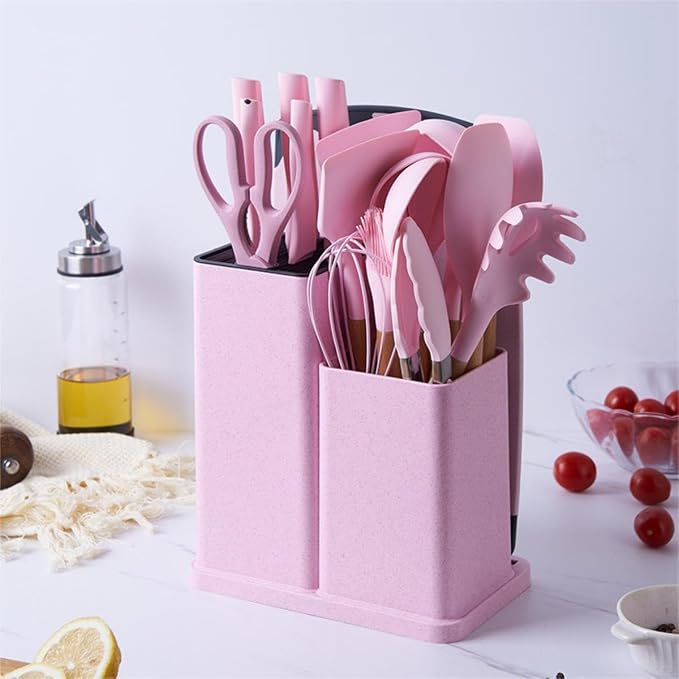 19 Pcs Kitchen Cooking Utensils and Knife Set with Block, Include 11 Pcs Silicone Cooking Utensils Set 5 Pieces Sharp Stainless Steel Chef Knives Scissors Whisk Tongs and Cutting Board (Pink) - Image 7