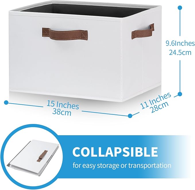 GhvyenntteS Large Fabric Storage Bins with 3 Handles, 15x11x9.6 Inch Storage Baskets for Shelves, Foldable Closet Storage Bins for Shelves, Closet Organizers and Storage Boxes, White - Image 2