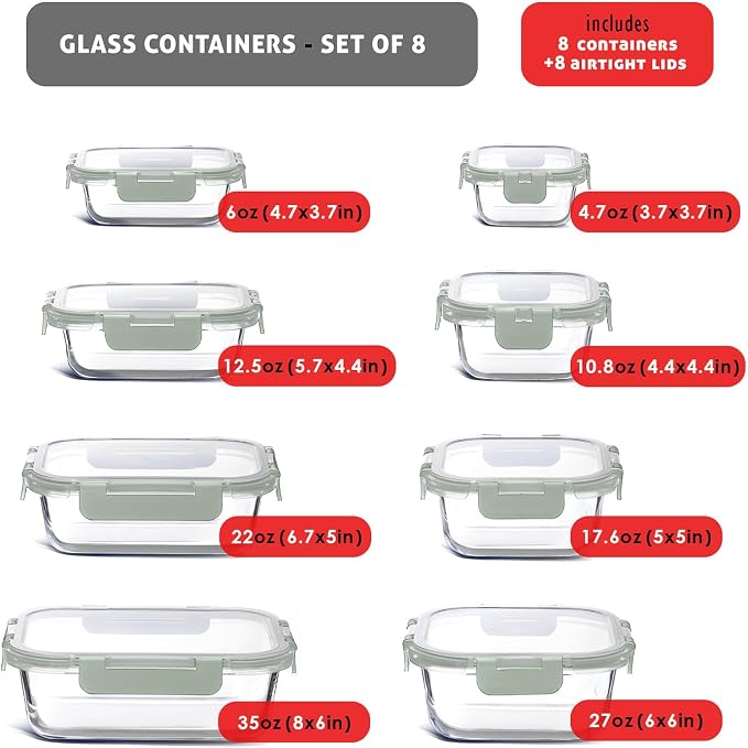 EATEX 16pc Glass Storage Containers with Lids, 8 Glass Food Storage Containers with 8 Airtight Lids for Pantry & Kitchen, Meal Prep Containers for Lunch, Oven Freezer Microwave & Dishwasher Safe - Image 2