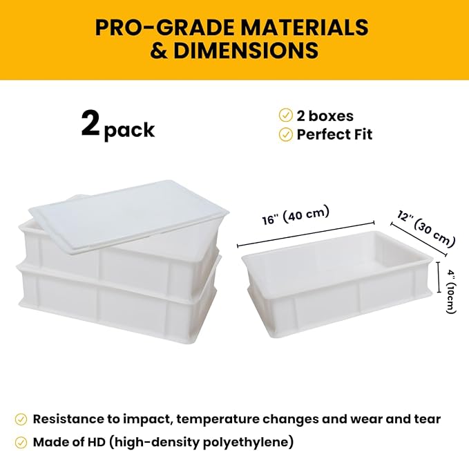 L'Oro Del Sud Home Refrigerator Size, Dough Proofing Tray (2 Pack + 1 Lid) | White Stackable, Commercial Grade, Pizza Proofing Dough Pans with Lid (16 inch x 12 inch x 4 inch), Product of Italy - Image 3