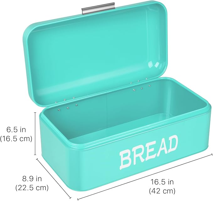 Flexzion Large Vintage Metal Bread Box for Kitchen Countertop, Turquoise | Bread Bin Storage Set Includes a White Butter Dish and Stainless Steel Butter Knife - Image 6